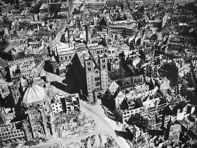 Aerial view of the nearly totally devastated Würzburg after a raid by 225 British Royal Air Force bombers on March 16, 1945. Approximately 90 percent of the city was destroyed in less than 20 minutes, and an estimated 5,000 people died during the raid and subsequent firestorm.