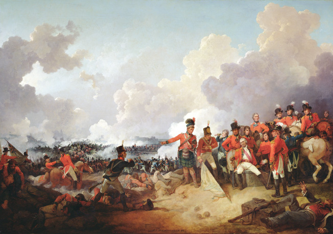 A near-contemporaneous painting of the Battle of Alexandria by artist Philippe Jacques de Loutherbourg. General Sir Ralph Abercromby, seated center, has suffered a fatal leg wound.