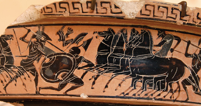Hoplite spearmen confront cavalry forces in this fragment of an Attic scroll, circa 510 BC.