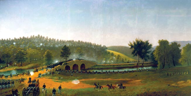 After squandering four hours in which two understrength Confederate regiments held back the Union IX Corps, a spirited attack captured the bridge at midday. Fairchild's brigade participated in the flanking move through a downstream ford.