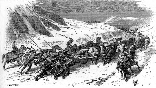 The French haul their cannon over the north Italian passes in their quest to regain France without a fight from the Italians.