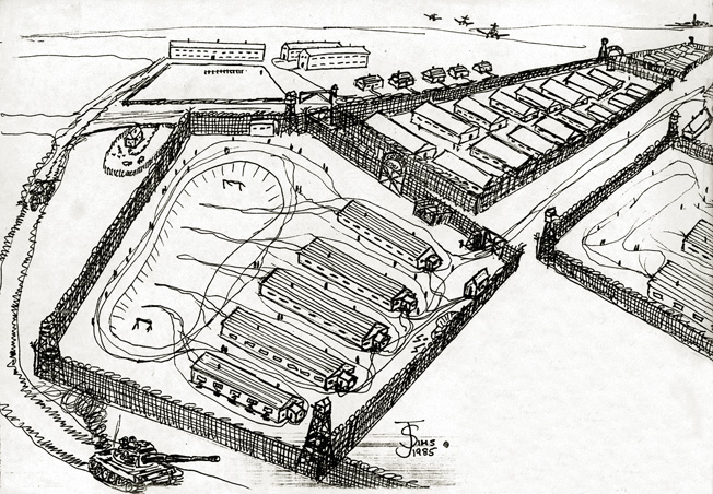 Sims made this sketch of the prison camp where he was held through the fall, winter, and spring of 1944-1945.