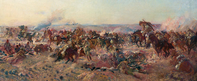 Australian horsemen overrun the Turkish trenches at Beersheeba. The Ottoman trenches on the town’s eastern side were discontinuous and without wire, which made them particularly vulnerable to a sudden and overwhelming attack.