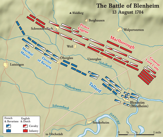 Lord John Cutt's Column, on the British left, threatens the French right at Blenheim, while Marlborough's main force waits to attack the center.