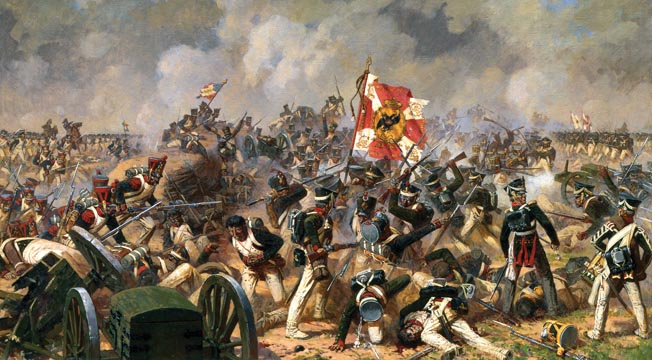 Opposing infantry fight with bayonets and clubbed muskets for control of a key position. French frontal attacks against staunchly defended field fortifications resulted in heavy losses.