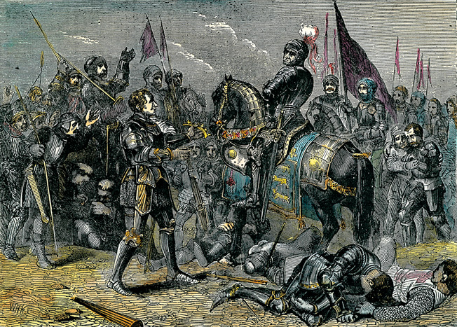Lord Stanley giving the crown of Richard III to Henry VII at the Battle of Bosworth Field, 1485. Engraving, 19th century.