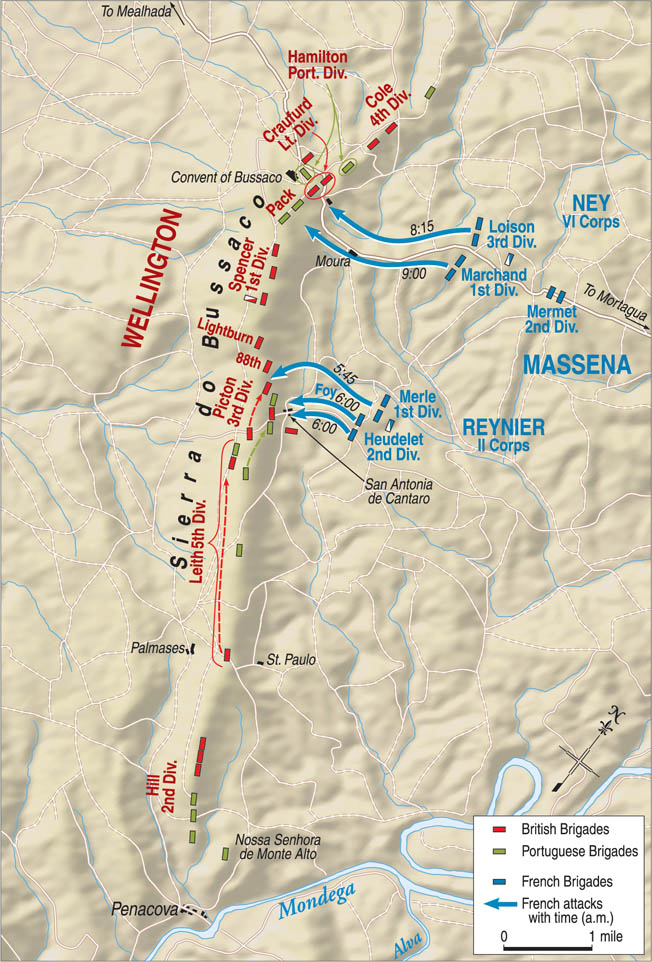 The weight of Marshal Massena’s frontal attack fell on the Anglo-Portuguese left and center. Despite the drubbing the French took at Bussaco, Massena still had more than enough men to continue his invasion of Portugal.