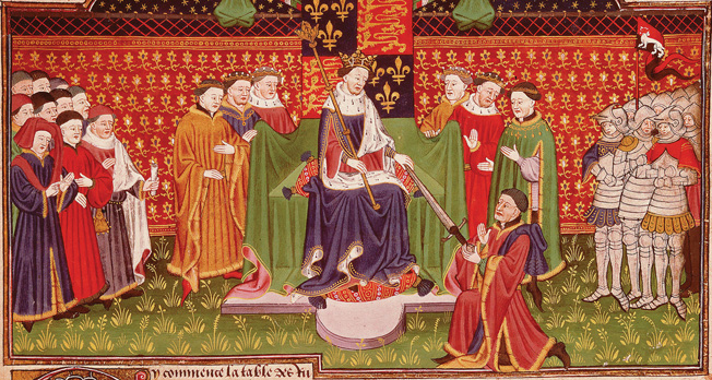 In happier days, King Henry VI invests John Tallbot with the sword of office as constable of France in 1436. From an illuminated manuscript of the era.