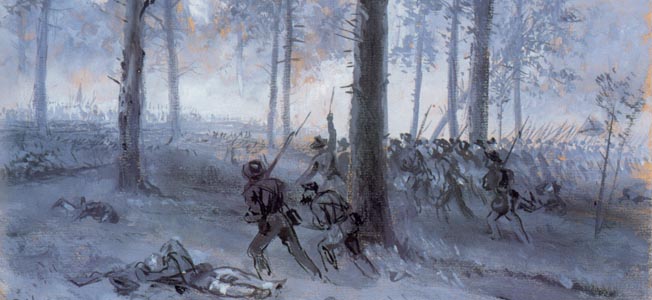 Patrick Cleburne’s bark-tough Confederates advance at twilight on the first night of the battle. Encroaching darkness halted the fighting when men on both sides could only fire at muzzle flashes and sounds.