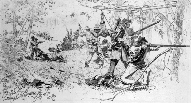 Confederate troops load and fire into the thick underbrush around Chickamauga Creek, which gave the battle its name.