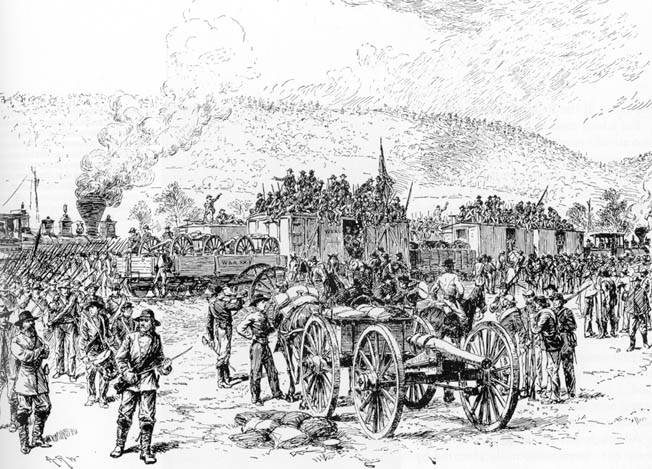 Lt. Gen. James Longstreet’s troops disembark from various railroad cars after arriving at Ringgold Station from Virginia on the afternoon September 19 to reinforce Bragg.