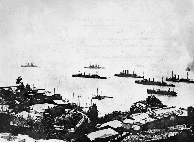 WWI: CHILE, 1914. The ships Scharnhorst, Gneisenau and N¸rnberg of the German East Asia Squadron leaving the Valparaiso harbor in Chile, after the Battle of Coronel. Photograph, 1914.