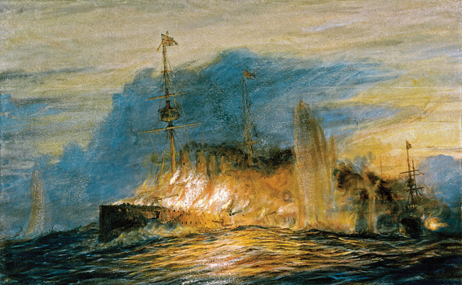 Rear Admiral Cradock's flagship, HMS Good Hope, British Drake-class armoured cruiser, launched 1901, on fire before blowing up at the Battle fo Coronel. November 1, 1914. © National Maritime Museum, London / The Image Works NOTE: The copyright notice must include "The Image Works" DO NOT SHORTEN THE NAME OF THE COMPANY