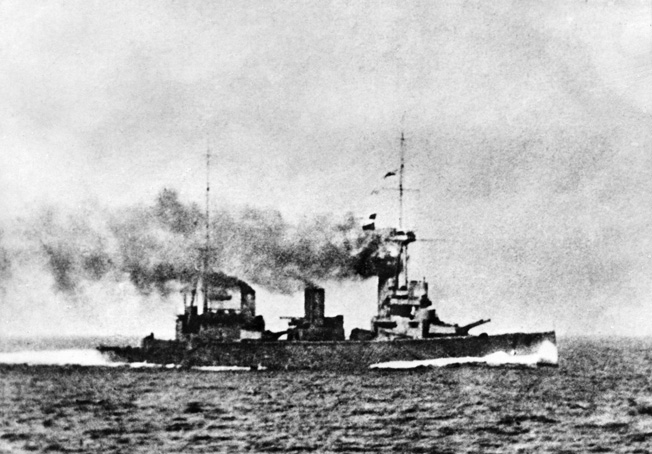 Chile: November 1, 1914. Scene during the Battle of Coronel, off the coast of Chile during the First World War, showing an unidentified ship. ©Robert Hunt Lbry / Mary Evans / The Image Works NOTE: The copyright notice must include "The Image Works" DO NOT SHORTEN THE NAME OF THE COMPANY