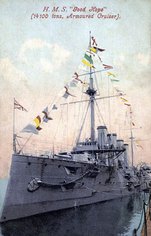 British Drake class armoured cruiser HMS 'Good Hope', 1907. Launched in 1901, HMS 'Good Hope' was sunk with all hands off the Chilean coast at the Battle of Coronel on 1 November 1914. ©The Wentworth Collection / Heritage-Images / The Image Works NOTE: The copyright notice must include "The Image Works" DO NOT SHORTEN THE NAME OF THE COMPANY