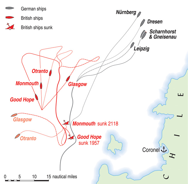 The wily Spee waited for the sun to set before attacking the British west of Coronel. The British ships were sitting ducks. 