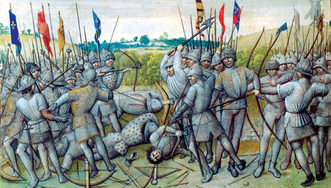 The French sent their hired Genoese crossbowmen (left) into battle without their pavises or adequate ammunition. In any event, their crossbows were no match for the more powerful longbows (right).