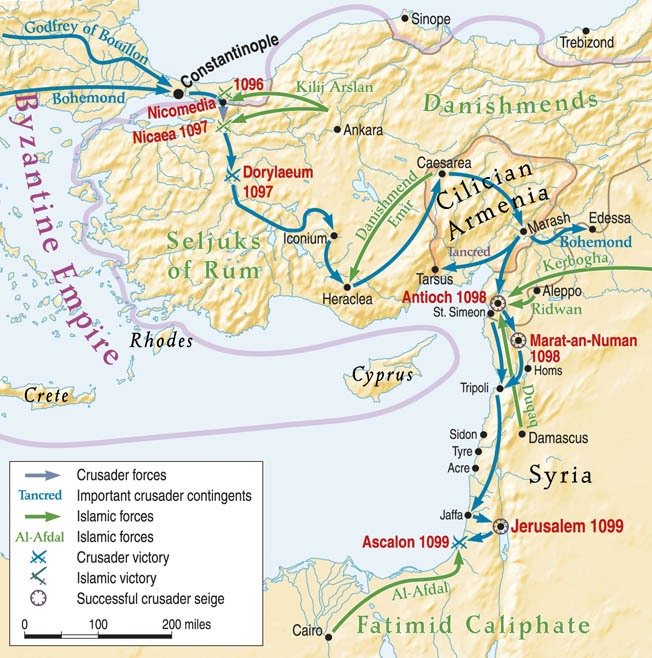 Following their victory at Dorylaeum, the Crusaders marched east across Asia Minor, capturing Antioch in February 1098 and eventually marching triumphantly into Jerusalem a year later.