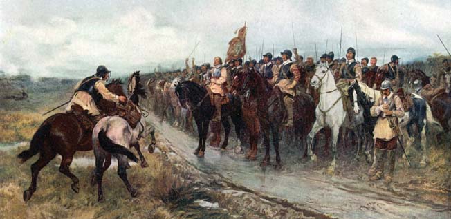 A bareheaded Oliver Cromwell prepares to lead his New Model Army against the Scottish Covenanting Army in a 19th-century painting by Andrew Carrick Gow.