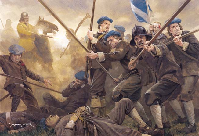 Highlander pikemen of Lawer’s Brigade fight a desperate rearguard action against General Oliver Cromwell’s cavalry in a modern painting by Graham Turner.