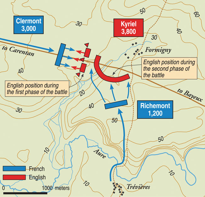 English commander Sir Thomas Kyriel arranged his men in a half-moon formation south of the Bayeux road. French forces fell on them from two sides.