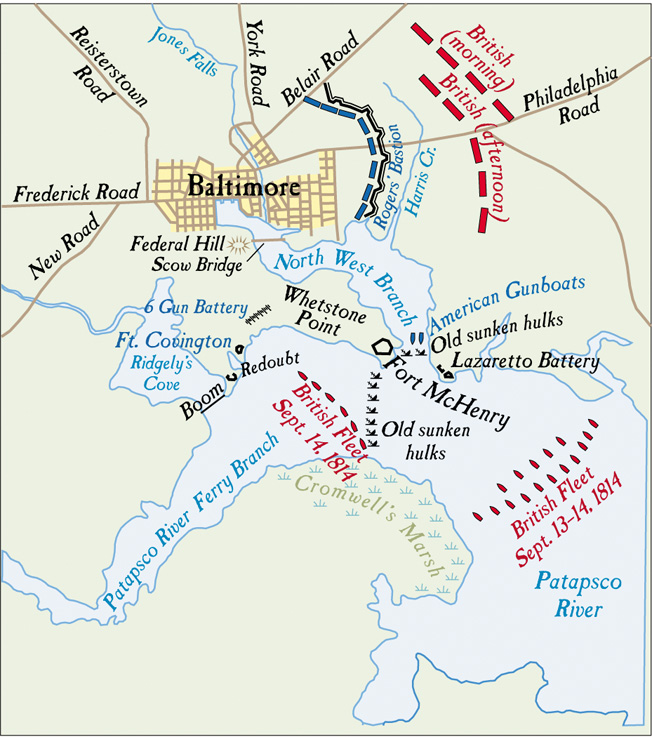 The city of Baltimore was well guarded by Fort McHenry and other American defensive emplacements at Fort Covington and Lazaretto.