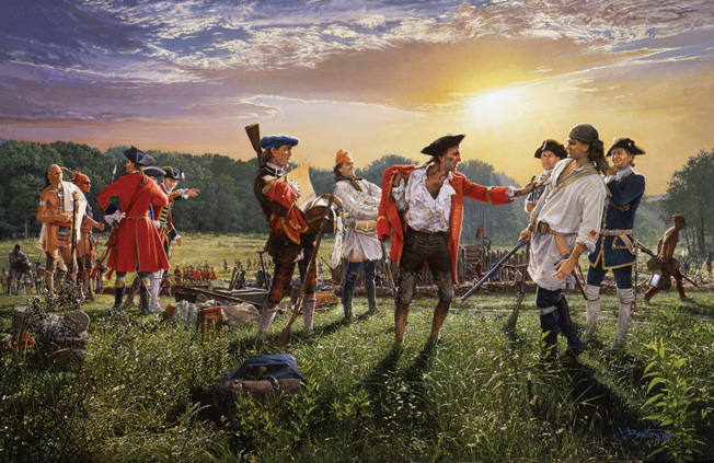 An enraged Major Adam Stephen castigates the Frenchman who was looting his saddlebags after the surrender, in the John Brixton painting, Damn the Capitulation.