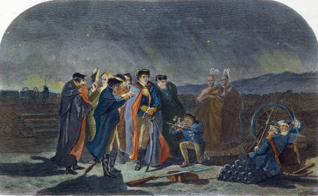 George Washington and his staff inside fort necessity on the night before he capitulated to the French.