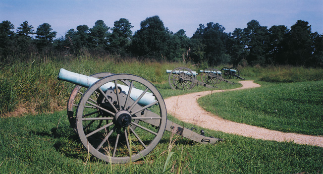 A row of cannons, now silent, were part of a much fought-over Union battery.