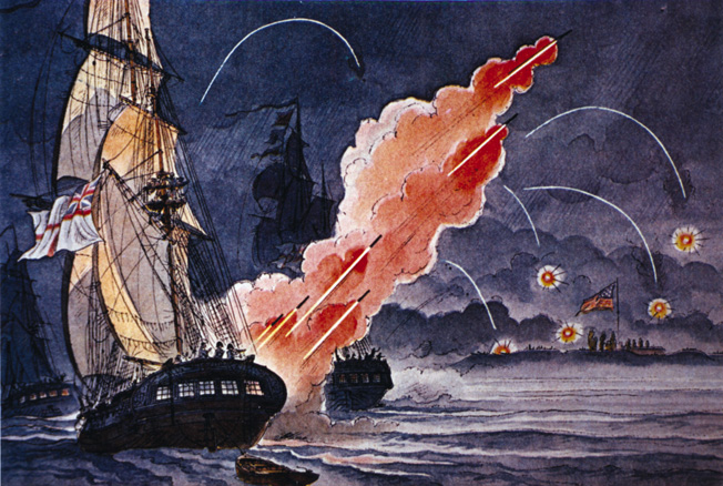 Artist Peter Spier created this vivid rendering of the "bombs bursting in air" above Fort McHenry.