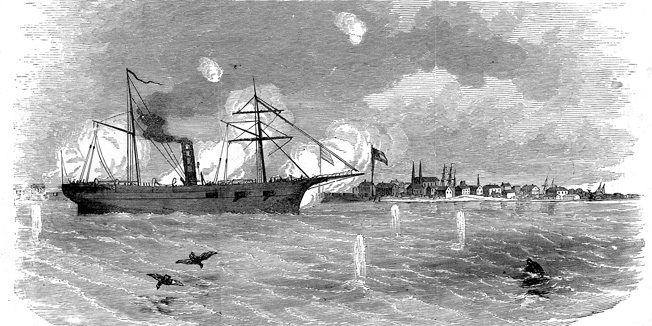 THe USS South Carolina shells Galveston's shore batteries prior to the Union capture of the key coastal city.