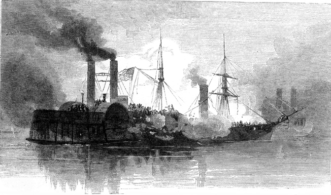Neptune slams hard into the side of Harriet Lane, ten feet behind her paddle wheel, in this engraving from Harper's Weekly