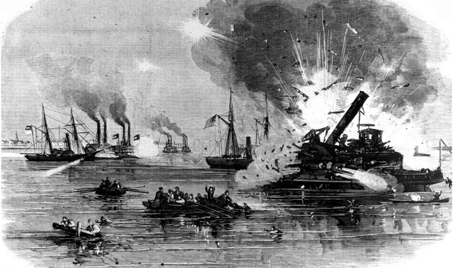 Wood splinters and shrapnel fly as the USS Westfield is scuttled to prevent her capture by Confederate forces.