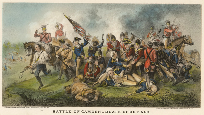 German Baron Johann de Kalb was fatally shot and bayoneted by British soldiers at the Battle of Camden in August 1780 while leading an American division. The crushing defeat brought a change in leadership of the Patriot forces.