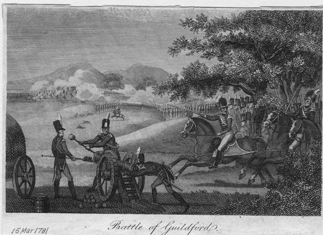 This 1810 engraving of the Battle of Guilford Courthouse shows American troops wearing formal uniforms more appropriate to the next war with the British in 1812.