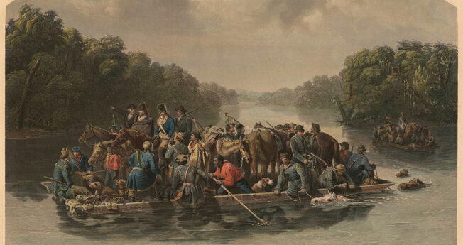 Partisan General Francis Marion leads his irregular militia across the Peedee River. The elusive Marion won the nickname “the Swamp Fox” for his cunning use of South Carolina marshes. 