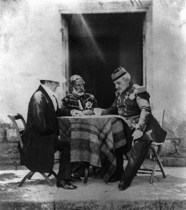British Commander Lord Raglan meets with Marechal Pelissier (center) and Omar Pacha (right).