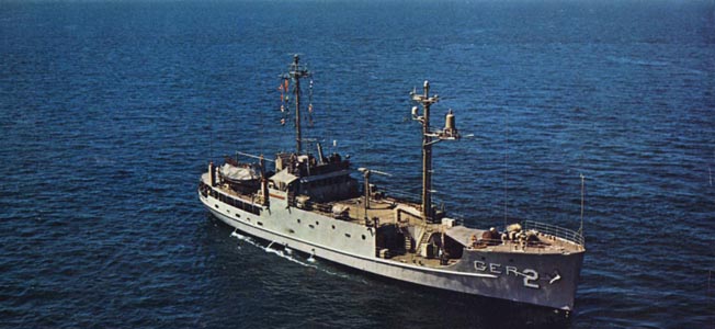 The ill-fated spy ship Pueblo on maneuvers in Puget Sound in 1967.
