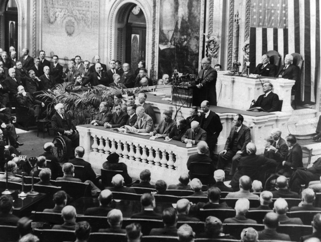 President Roosevelt addresses Congress during a 1939 State of the Union address. He would appear again, most memorably in December 1941.