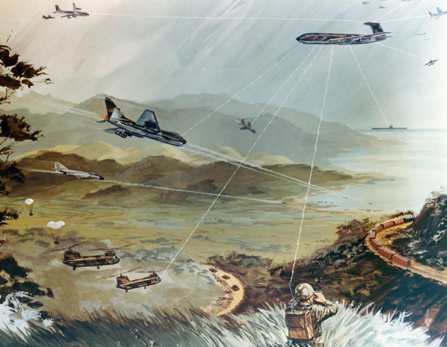 AWACS' versatility is shown in this artist's conception of AWACS carrying out a tactical air-land mission.