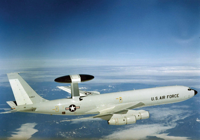 View of an E-3 aircraft with AWACS radome mounted on top