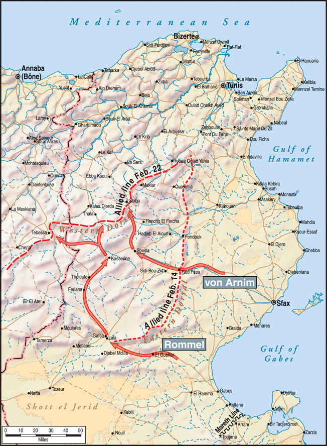 The two-pronged German attack on the Western Dorsal range of the Atlas Mountains. Rommel had hoped to unite both wings at Kasserine, but he was overruled.