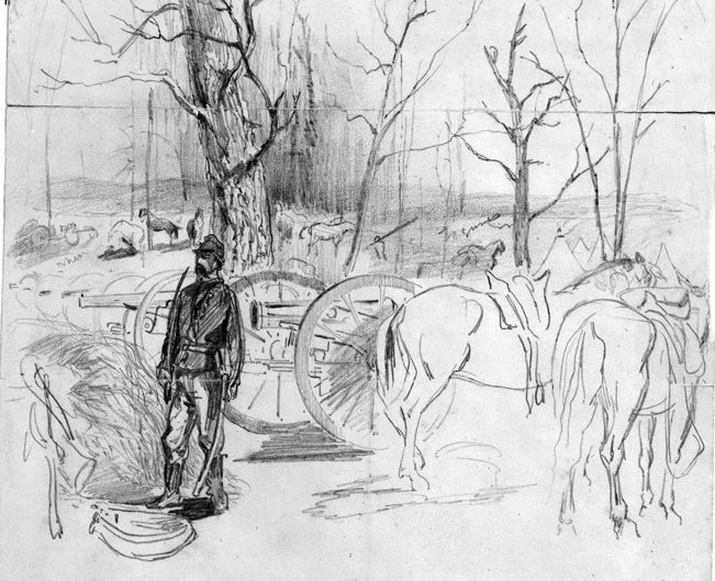 A member of the Pennsylvania Light Artillery stands watch over the battery, two weeks before Kernstown. Sketch by Alfred Waud. 