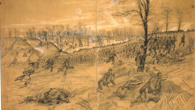 Combat artist Alfred Waud’s eyewitness sketch of the Union attack on the stone wall at Kernstown was published three weeks later in Harper’s Weekly. 