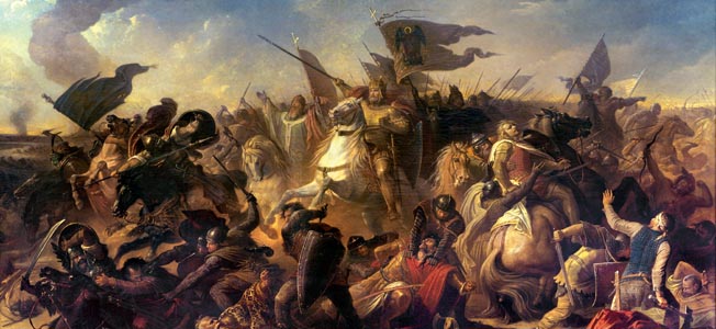 9-955-8-10-A1-6 (79309)
'The Battle on Lechfeld in 955'
Battle on the Lechfeld,
10 August 955
(Victory of Otto I over the Hungarians)
- 'The Battle on Lechfeld in 955'. -
Painting, 1860, by Michael Echter
(1812-1879).
Munich, Maximilianeum Collection.