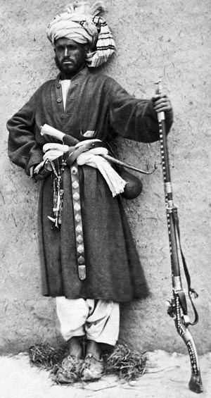The British learned the hard way that the Afghans were formidable troops when fighting on their own terrain. An Afghan soldier of the period is shown with a jezail, a matchlock, large-caliber rifle.