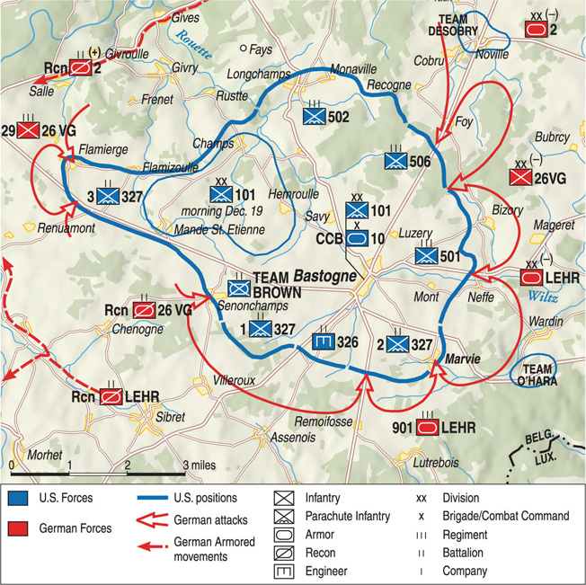 The location of Marvie in relation to the crossroads at Bastogne is clearly visible on the map.