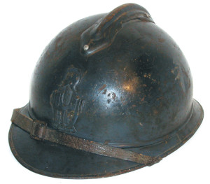 A French Model 1915 "Adrian" with engineer badge and late-war dark blue paint.