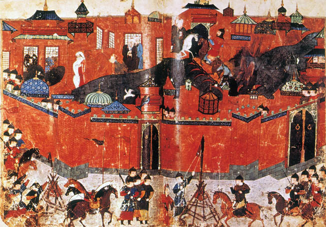 Siege of Baghdad by the Mongols, 1258. Persian manuscript illumination, 14th century.