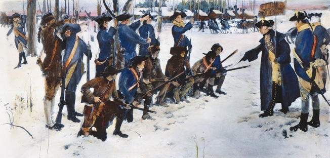 VALLEY FORGE: STEUBEN, 1778. Baron Friedrich von Steuben drilling American troops at Valley Forge, 1778. After a mural painting by Edwin Austin Abbey.